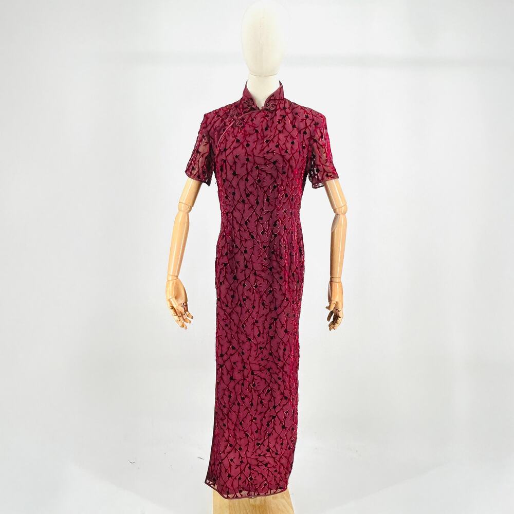 Vintage 90s Chinese Velvet Burnout Burgundy Maxi Cheongsam Dress